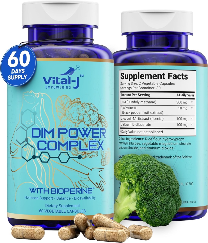 4-en-1 DIM Potent Complex 300mg - Estrogène équilibre et métabolisme, énergie et ménopause supplément de soutien avec biopérine (x4), extrait de calcium et de brocoli - pour les femmes et les hommes 60 portions