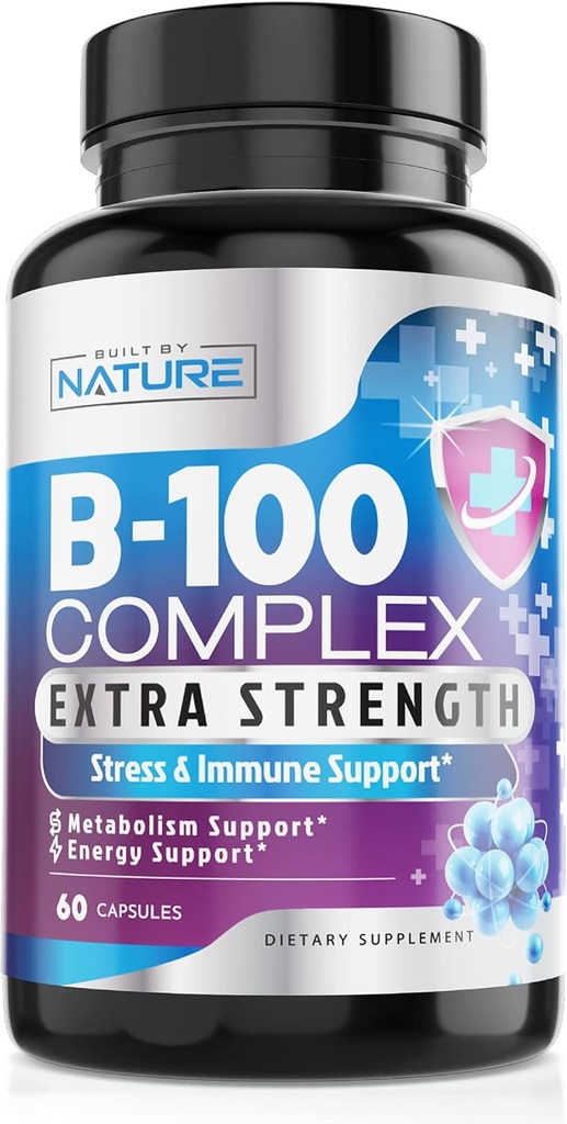 Complexe Vitamine B - Toutes les vitamines B B1, B2, B3, B5, B6, B7, B9, B12, Acide folique, Vitamine C - Supplément Super B-100 - Immune, énergie et métabolisme, végétalien, non OGM, sans gluten, 60 capsules