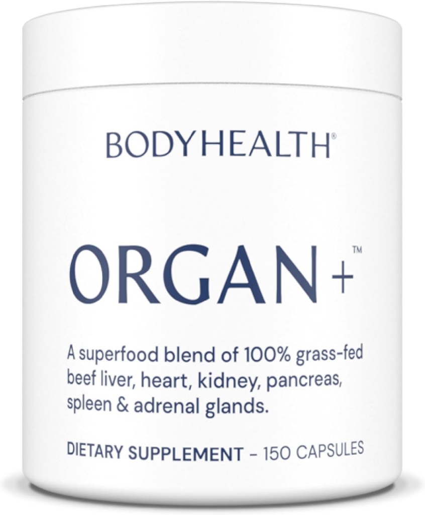 BodyHealth Organ+ Complexe d'organes glandulaires alimentés par l'herbe, Supplément d'organes de boeuf gazonné, Foie de boeuf déshydraté, coeur, rein, pancréas, rate, non OGM, adrénal, supplément, (150 capsules)