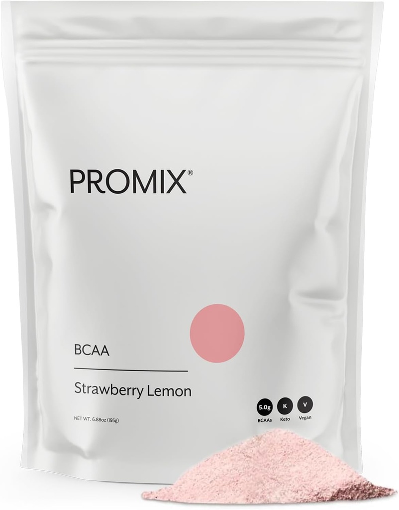 Promix BCAA Poudre d'énergie après l'entraînement - 5g Micronised BCAAs, sans sucre, à base de plantes, végétalien, kéto - citron de fraise - 30 portions (paquet de 1)