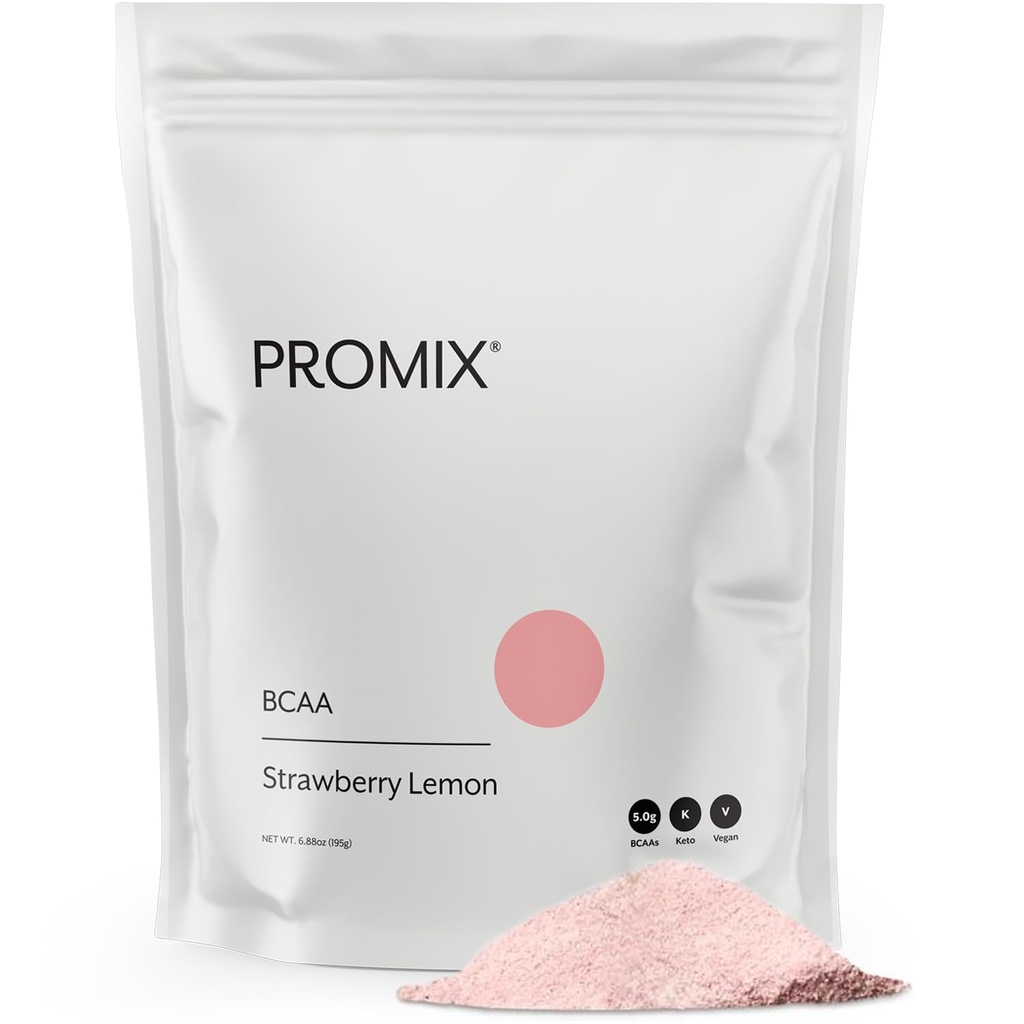 Promix BCAA Poudre d'énergie après l'entraînement - 5g Micronised BCAAs, sans sucre, à base de plantes, végétalien, kéto - citron de fraise - 30 portions (paquet de 1)