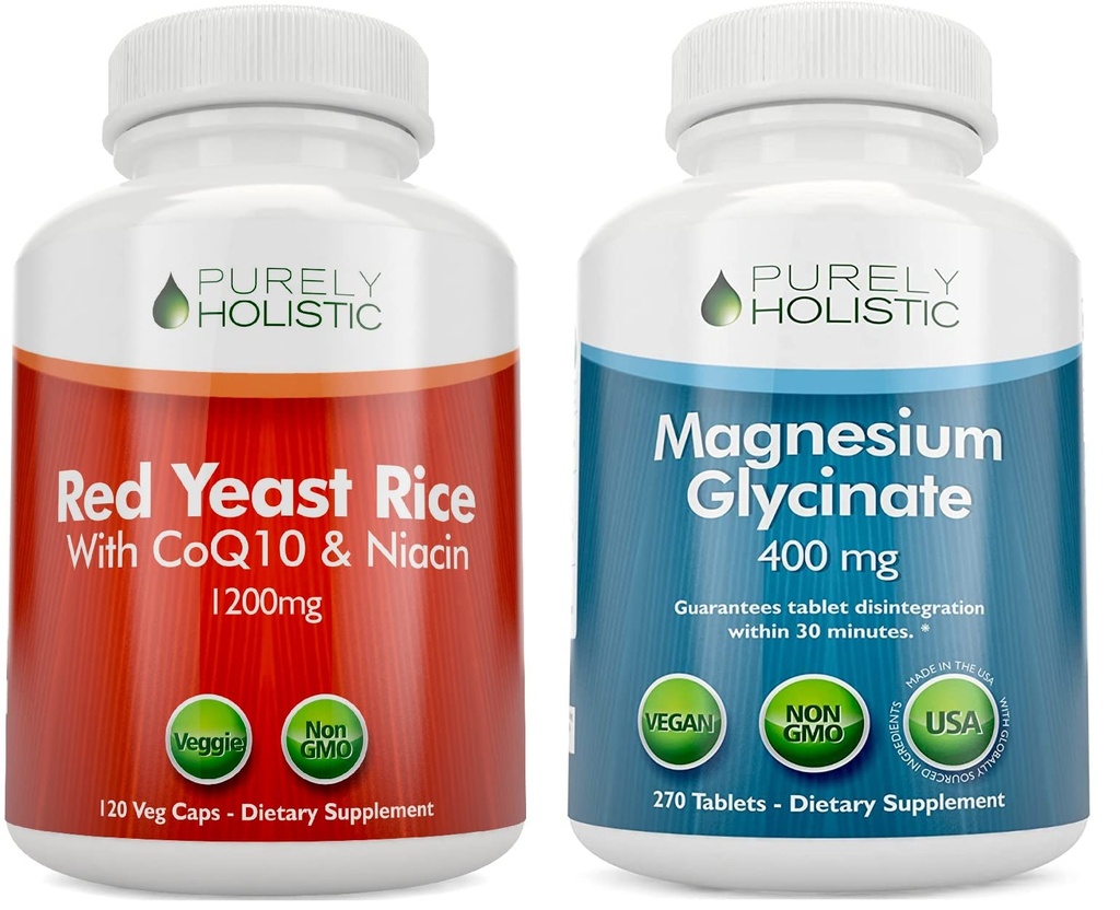 Riz de levure rouge purement holistique 1200mg avec CoQ10 & Niacine + Glycinat de magnésium 400mg - 120 Capsules + 270 comprimés - Fabriqué aux États-Unis