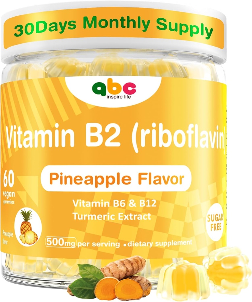 Vitamine B2 Gummies Riboflavine 400mg pour les hommes Chewable B2 Vitamines pour les adultes avec un extrait turcuma complexe B pour le confort digestif,Nervous système de soutien, végétalien, sans sucre, ananas,60 comte