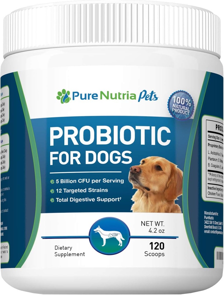Probiotiques pour chiens Suppléments pour chiens - pour diarrhée des chiens, estomacs, levures, gaz, allergies pour chiens et système immunitaire pour chiens - Fabriqué aux États-Unis - 12 souches ciblées 5 milliards CFU - 120 scoops