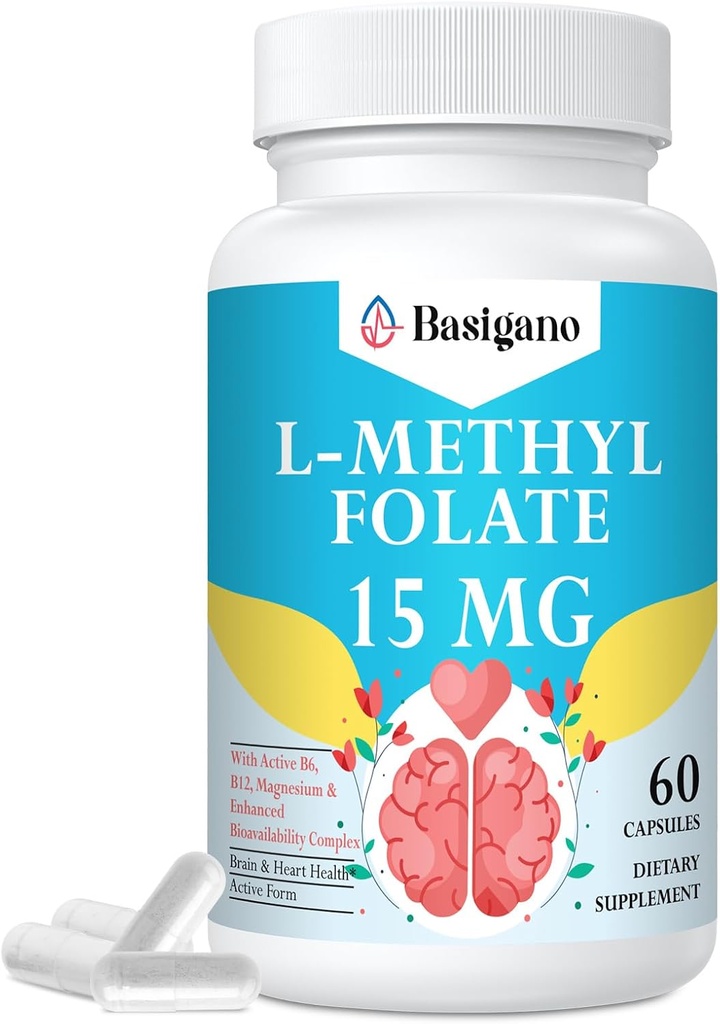 L Méthylfolate 15mg (5-MTHF) - acide folique actif avec B6 et B12 - végétalien, sans gluten, sans produits laitiers (1 emballage)
