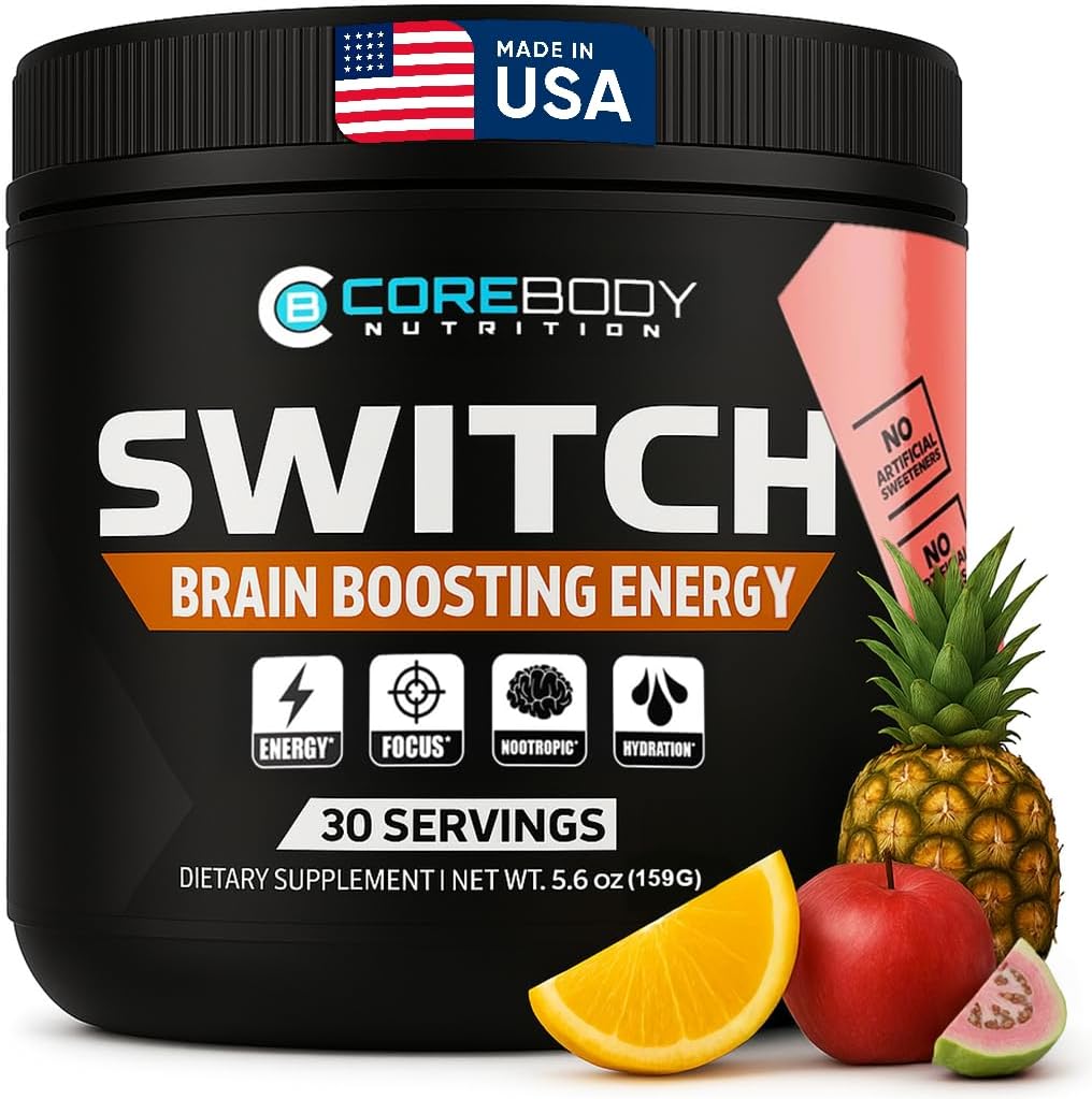 CoreBody Switch Energy Drink Mix - Nootropics Cerveau Supplément pour la mémoire et la focalisation, Sugar Free Energy Booster avec Nootropics, Alpha GPC, All Day Focus* (Tropical Punch)