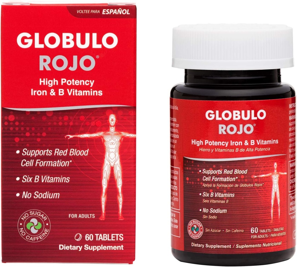 Supplément de fer Globulo Rojo - Pilules de supplément alimentaire avec des vitamines de fer et B de haute puissance, 60 comprimés