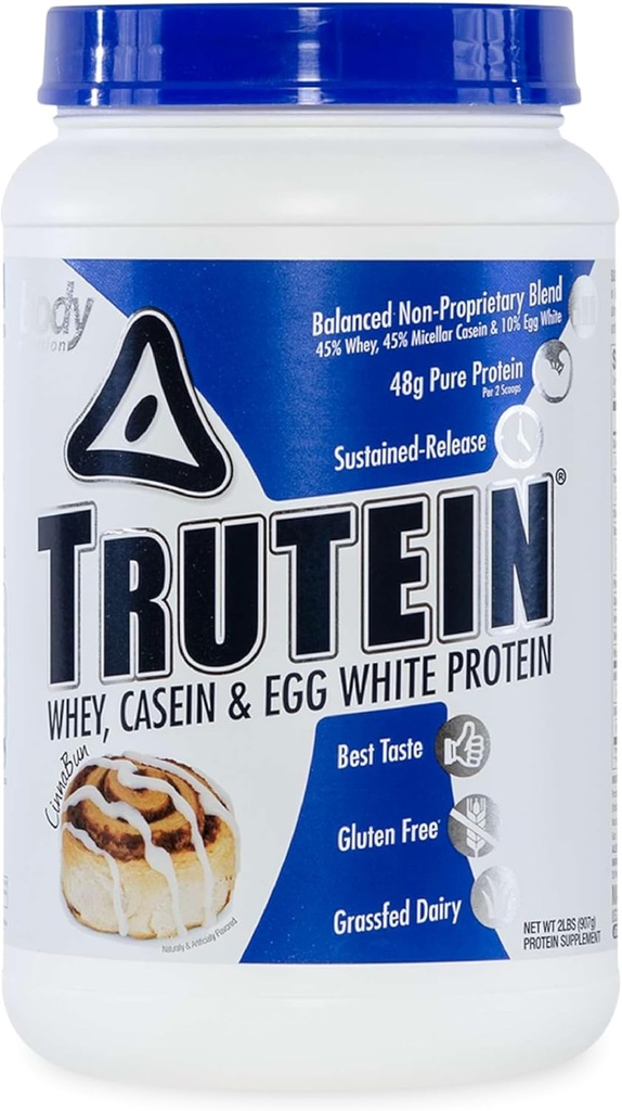 Alimentation du corps Trutein poudre à haute teneur en protéines: 45% Whey, 45% caséine, 10% mélange blanc de protéines d'oeuf, sans gluten, faible teneur en sodium, faible teneur en protéines de glucides poudre pour les hommes et les femmes, Cinnabun, 2lb