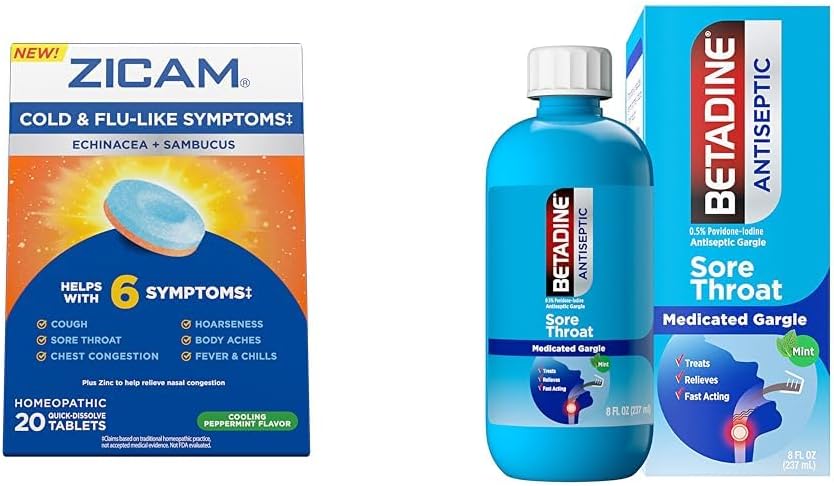 Zicam Symptômes froids Relief avec Bétadine Gorge Gorge Gargle, Echinacea et Sambucus Comprimés homéopathiques, 20 Comte et 8 FL OZ