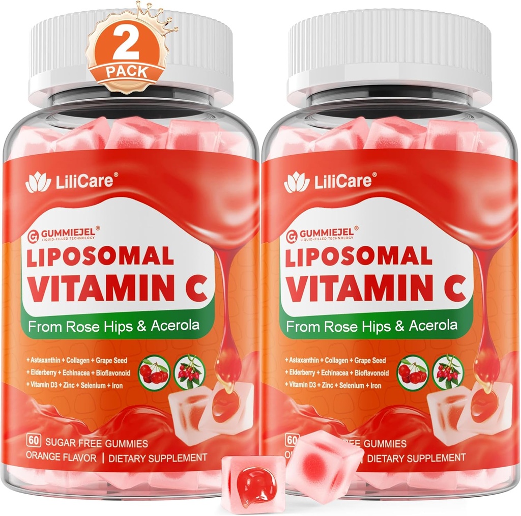 Vitamine liposomique C 1000mg Gommies remplies pour adultes et enfants 9+, 1660mg Mélange avec/Echinacea, Elderberry, D3, Zinc, Fer, Bioflavonoïde, Astaxanthine, Vitamine naturelle biologique à croquer C, sans sucre, 2Pack