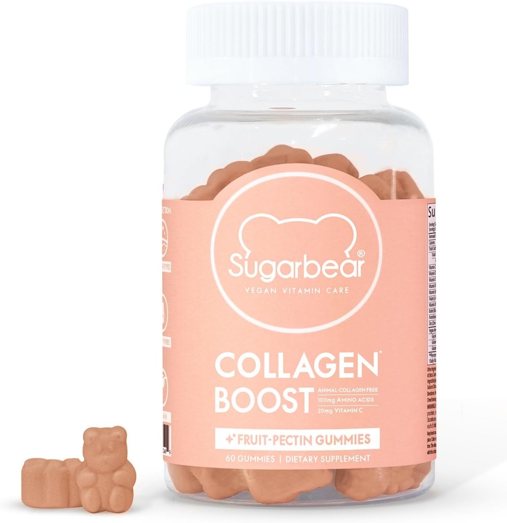SugarbearPro Collagen Boosting Vegan Multivitamine Gummies, 100mg d'acides aminés, vitamine C, vitamine D, B-12 et biotine, favorise les cheveux, ongles, peau, os et santé articulaire 60 Compte 2 mois d'approvisionnement