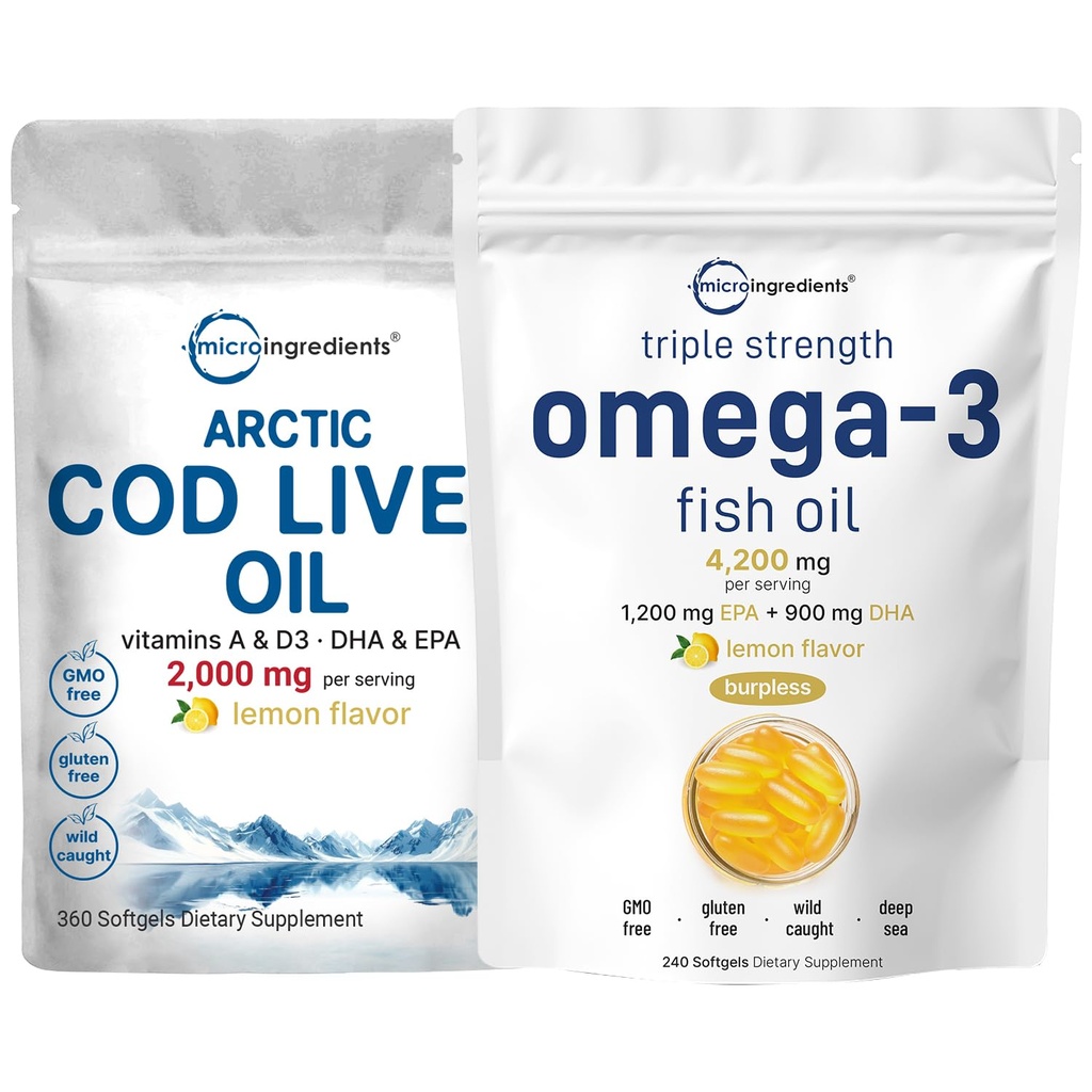 Triple Strength Omega 3 Suppléments huile de poisson 4200mg par service et huile de foie de morue 2000mg par service, 360 Softgels.
