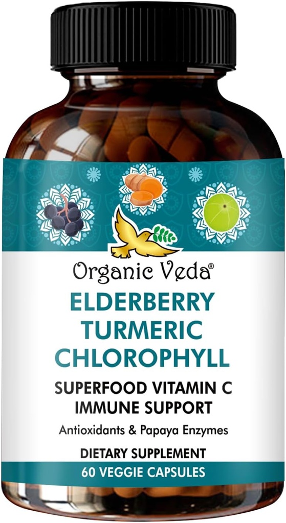 Supplément de soutien biologique à la chlorophylle de la baie d'eau de Veda - Superfoods Antioxydants, Vitamine verte C, Extrait de graines de raisin, Acerola, Moringa & Papaya Enzymes - 60 Capsules Vegan