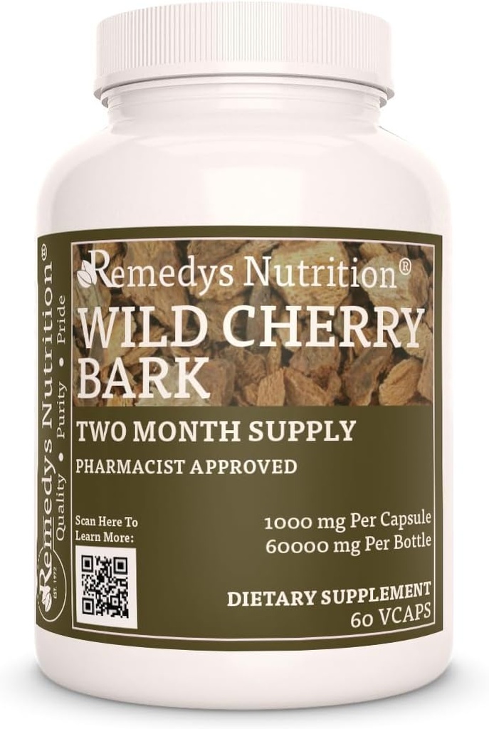 Remedy’s Nutrition Wild Cherry Bark | 1,000 mg, 60 Vegan Capsules Herbal Dietary Supplement | Two Month Supply