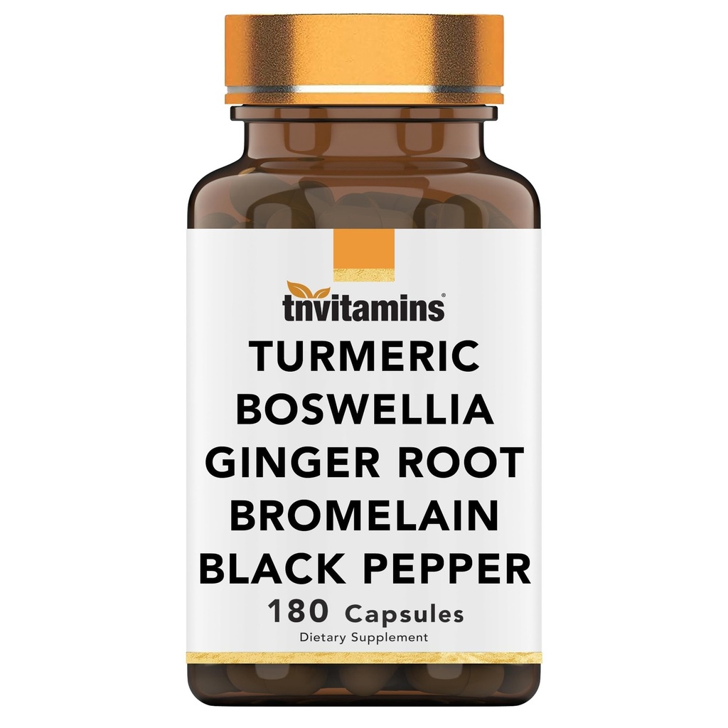 tnvitamins Turmeric & Boswellia Complex (180 Capsules) avec racine de gingembre, bromelain, et extrait de poivre noir.
