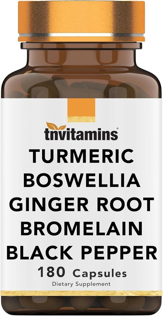 tnvitamins Turmeric & Boswellia Complex (180 Capsules) avec racine de gingembre, bromelain, et extrait de poivre noir.