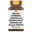 tnvitamins Turmeric & Boswellia Complex (180 Capsules) avec racine de gingembre, bromelain, et extrait de poivre noir.