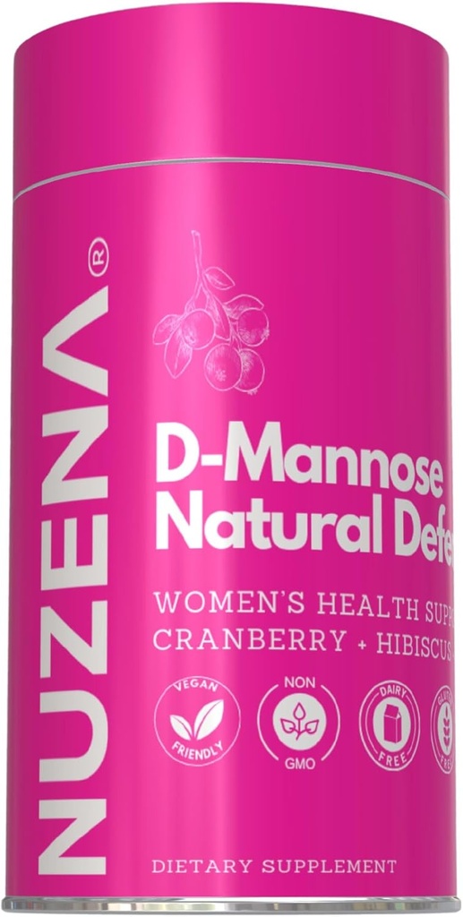 Nuzena D-Mannose + 1000mg avec canneberge 150mg, boîte de 60 Capsules de soutien du piège urinaire de défense naturelle avec fleur d'hibiscus 100mg et racine de dandelion 100mg par portion de 2 Capsules