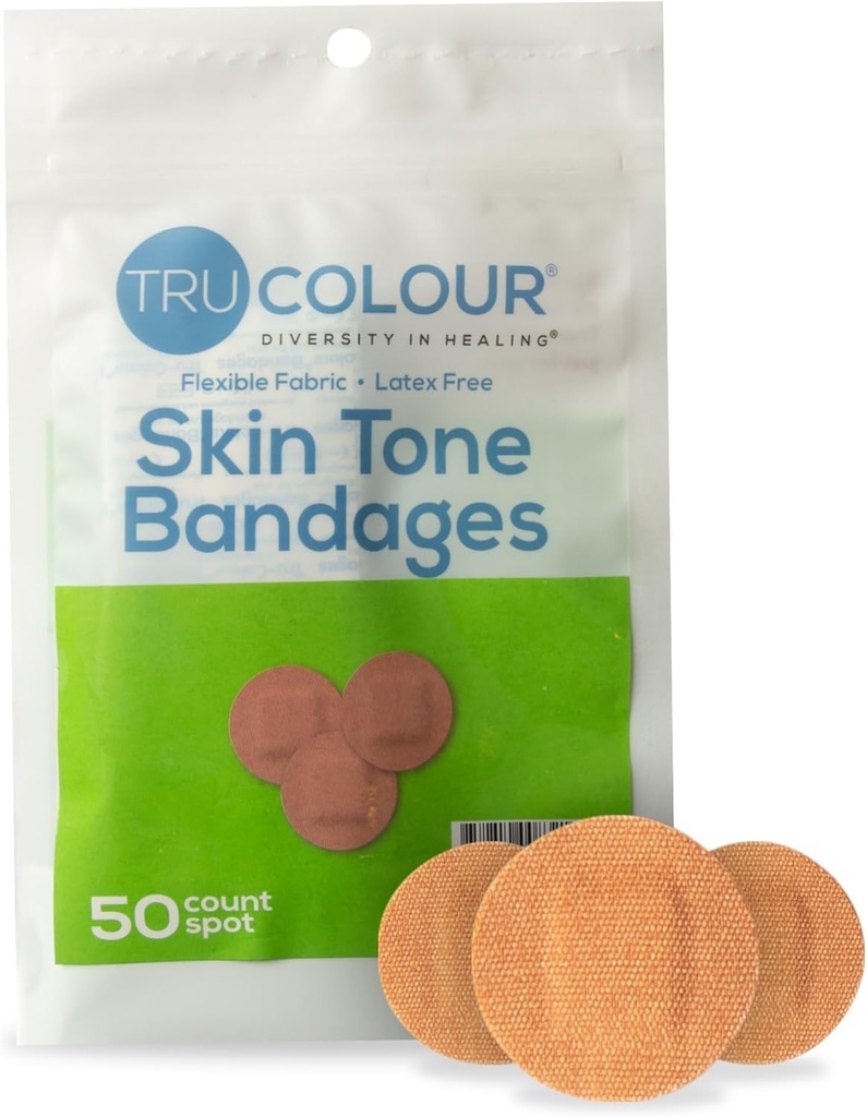 Bandes adhésives Tru-Colour Skin Tone Spot, Sac refermable (50 Count) - Bandes adhésives souples, imperméables, sans PFAS aident à protéger les plaquettes, les boutons, les pokes - Olive