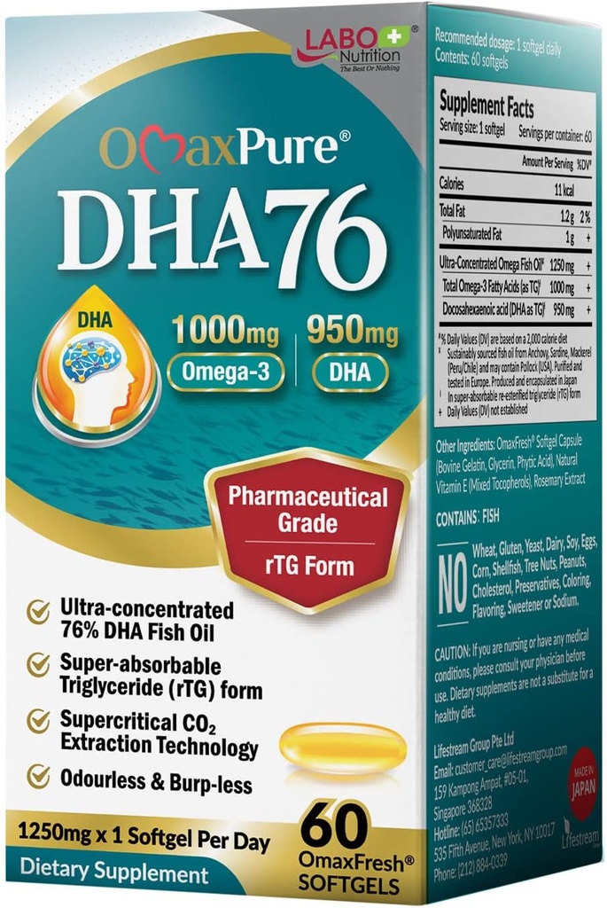 LABO Nutrition OmaxPure DHA76 Omega 3 Huile de poisson, ultra-concentrée 76% 950mg DHA, EPA, 60 Compte, grade pharmaceutique, forme supercritique de CO2 extraite rTG, pour la santé du coeur, des articulations, du cerveau et de l'ignune