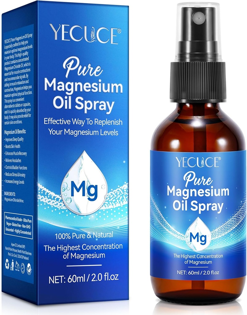 Huile de magnésium pour les pieds, 100% Pure & Natural Huile de magnésium Spray, Facile à absorber et utilisation 2.0 fl.oz