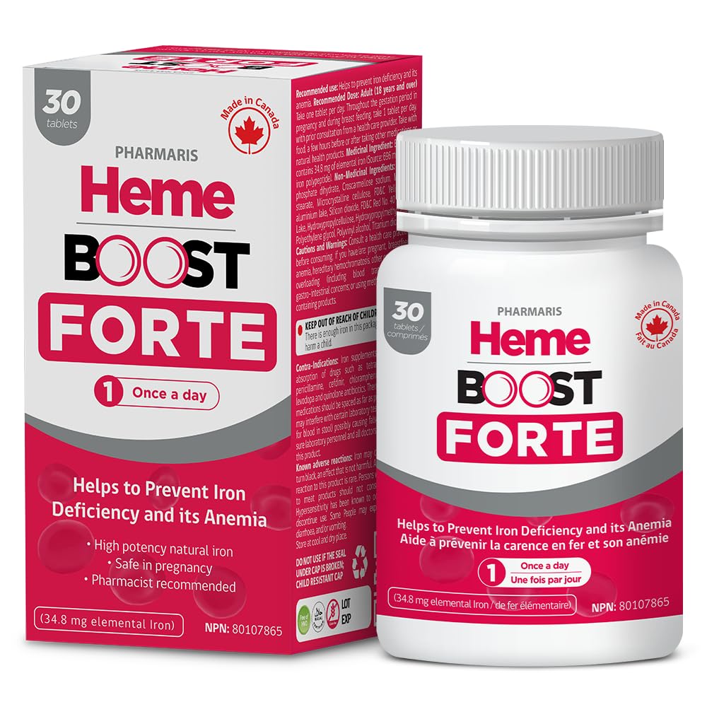 Hemeboost Forte 34,8 mg (696 mg Heme Fer) I 30 Comprimés I Supplément de fer naturel à haute puissance I Haute absorption et douceur sur les pilules de fer de l'estomac I pour adultes et sans danger pour l'utilisation pendant la grossesse