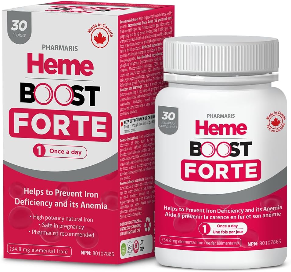 Hemeboost Forte 34,8 mg (696 mg Heme Fer) I 30 Comprimés I Supplément de fer naturel à haute puissance I Haute absorption et douceur sur les pilules de fer de l'estomac I pour adultes et sans danger pour l'utilisation pendant la grossesse