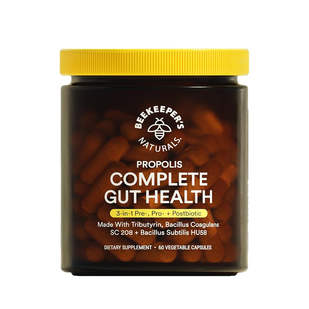 Santé complète de l'apiculteur, 3-en-1 Prébiotique, Postbiotique, Probiotiques pour la santé digestive et le soulagement du bloom pour les femmes et les hommes, Propolis Powered, Capsules Vegan sans gluten, 60ct