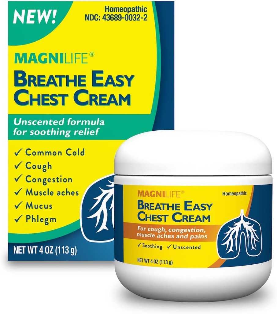 MagniLife Respiration Crème de poitrine facile, 4 onces, Crème de soulagement de la douleur de la toux et des muscles pour les adultes, Poitrine pour l'élimination du mucus et soulagement de la congestion nasale, naturel topique, sans parfum