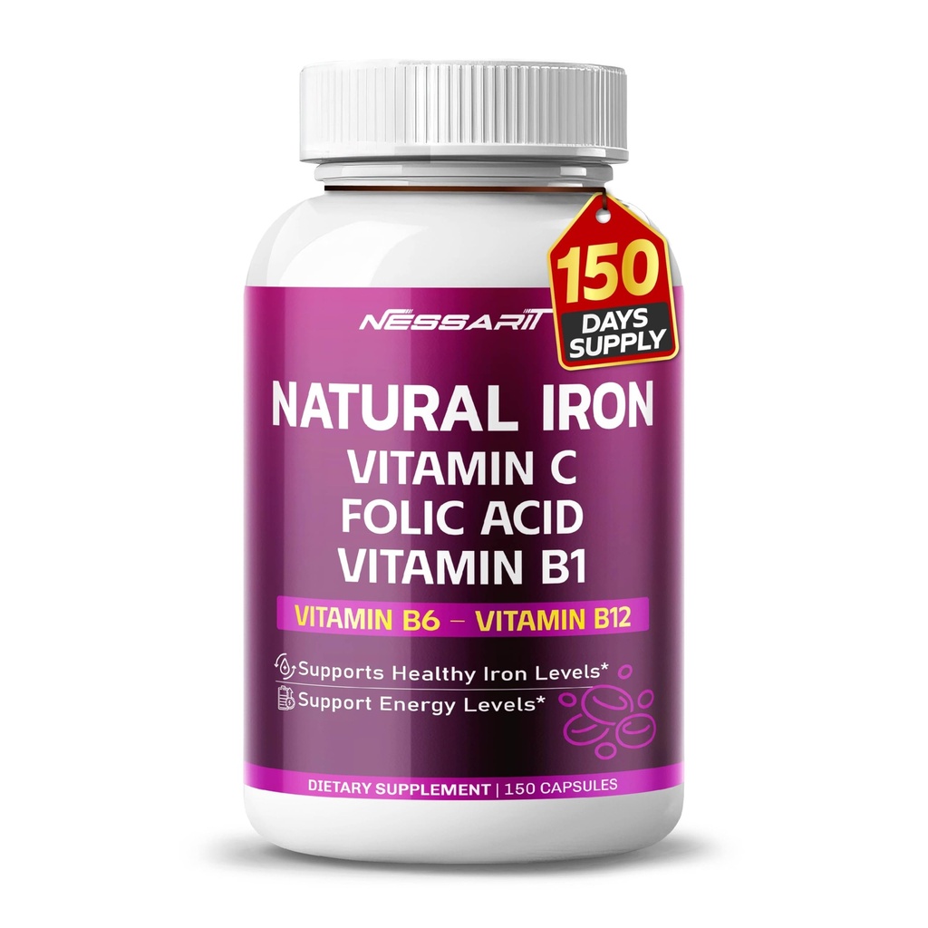 Fer biologique haute puissance avec vitamine C, acide folique - Formule d'absorption élevée Vitamine B1, vitamine B6, vitamine B12 - Soutien Blood Building - 150 Compte - Fabriqué et testé aux États-Unis