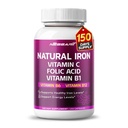 Fer biologique haute puissance avec vitamine C, acide folique - Formule d'absorption élevée Vitamine B1, vitamine B6, vitamine B12 - Soutien Blood Building - 150 Compte - Fabriqué et testé aux États-Unis