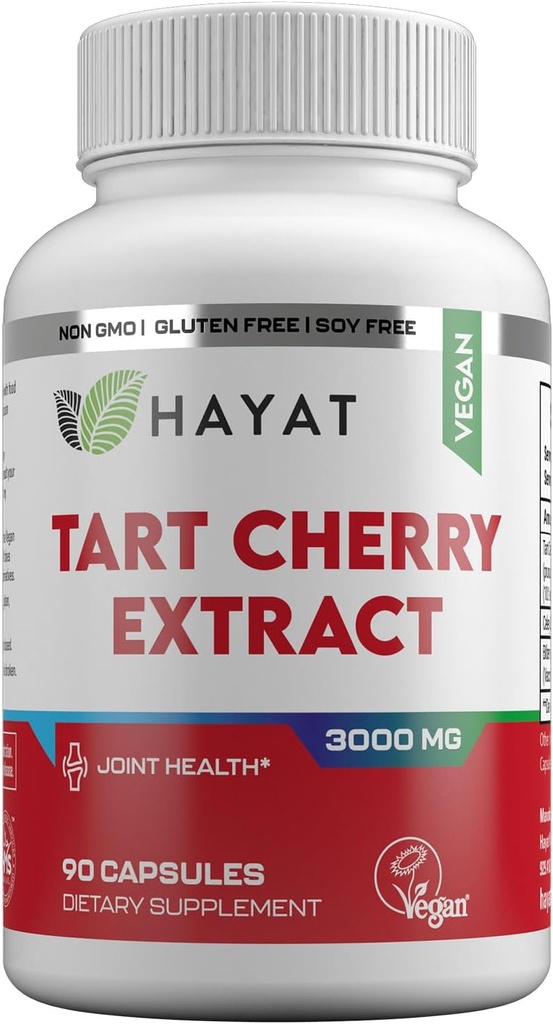 HAYAT Vitamines Vegan Natural Tart Cherry Extract 3000 MG, 3 mois d'approvisionnement, Potent 10:1 Extrait, Tous naturels, certifiés Halal, 90 capsules,