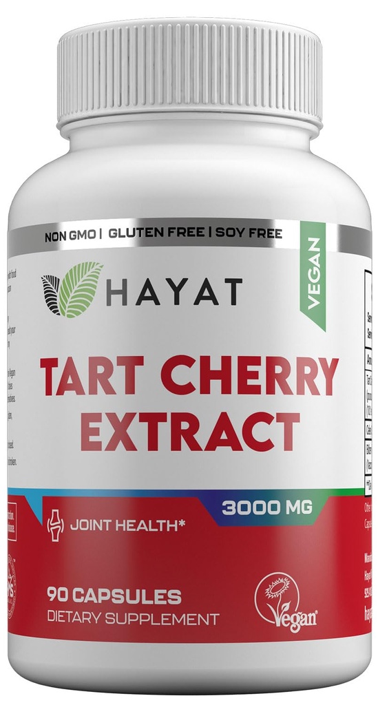 HAYAT Vitamines Vegan Natural Tart Cherry Extract 3000 MG, 3 mois d'approvisionnement, Potent 10:1 Extrait, Tous naturels, certifiés Halal, 90 capsules,