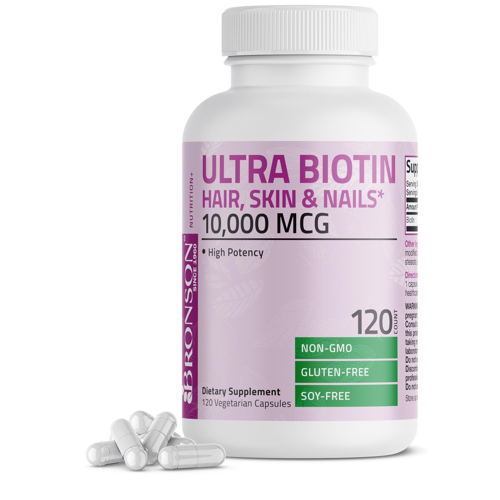 Bronson Ultra Biotin 10 000 Mg Supplément pour cheveux et ongles, non-OGM, 120 capsules végétariennes