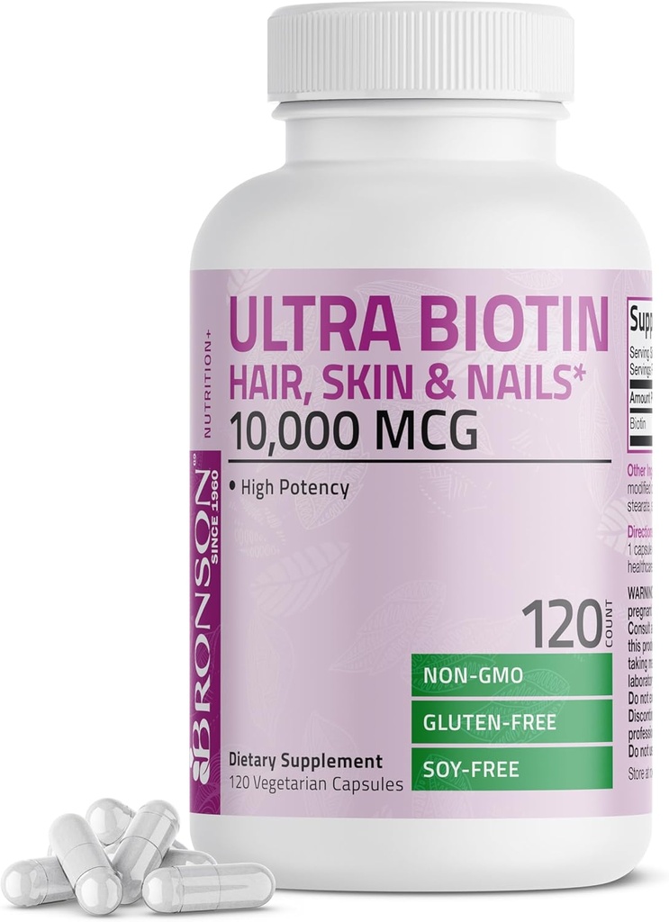 Bronson Ultra Biotin 10 000 Mg Supplément pour cheveux et ongles, non-OGM, 120 capsules végétariennes
