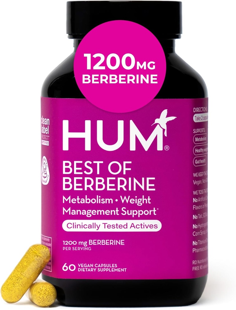 HUM Best of Berberine Supplément 1200mg, Pure Potency pour le bien-être métabolique, Gut Health, Pure Berberine Suppléments améliorés avec BioPerine pour l'absorption maximale, 60 Capsules