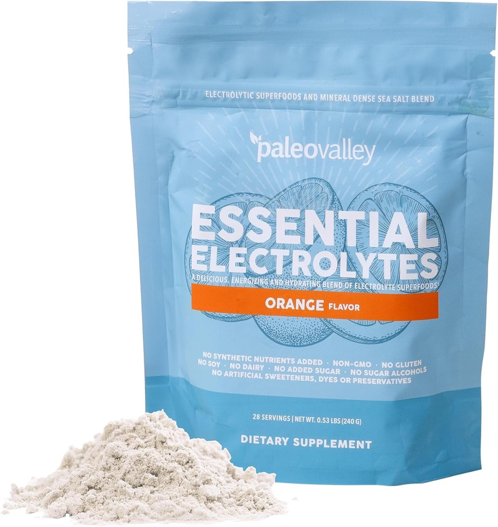 Poudre d'électrolytes essentielles de Paleovalley - Poudre d'électrolyte orange à spectre complet pour l'hydratation, l'énergie et la récupération musculaire - Pas de sucre ajouté - 28 portions