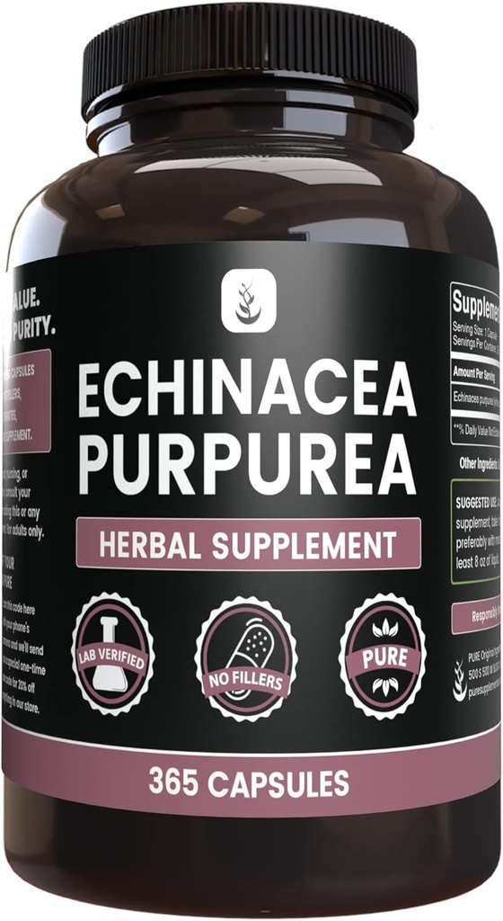 PURE ORIGINAL INGRÉDIENTS Echinacea Purpurea (365 Capsules) Pas de Magnésium ou de Rice Filters, Toujours Pure, Verified Lab