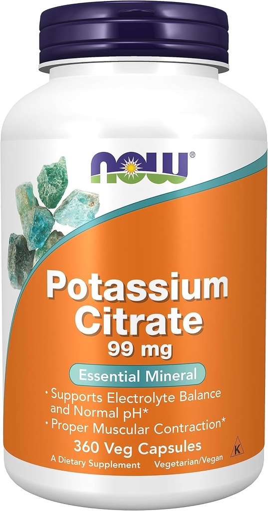 MAINTENANT Aliments, Citrate de potassium 99 mg, soutient l'équilibre électrolytique et le pH normal*, Minéral essentiel, 360 gélules