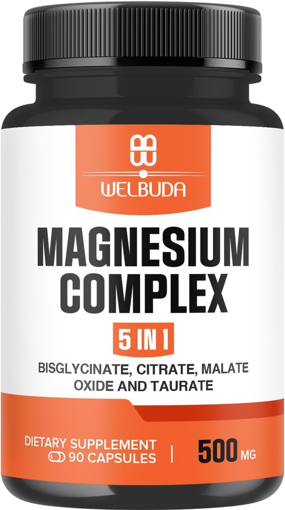 Supplément complexe de magnésium 5en1 avec 20% purifié - 500mg de bisglycinate de magnésium, citrate et plus pour les muscles, l'humeur de relaxation, la santé osseuse et plus - 90 Capsules
