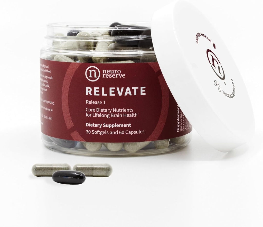 RELEVATE Supplément de santé cérébrale; Mémoire, Focus, Énergie, Sommeil, Yeux et Vieillissement en santé; Doctor Formulé; Quercetin, Lutéine, Glycinat de magnésium, Oméga 3 DHA EPA, Vitamine B12, B3, D3