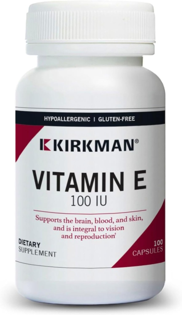 Kirkman Vitamine E 100 UI - Hypoallergénique - 100 capsules végétariennes Supporte le système immunitaire Sans gluten Sans caséine