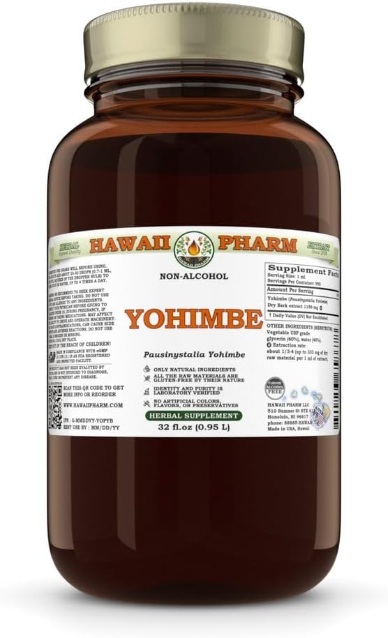 Yohimbe (Pausinystalia Yohimbe) Glycérite à écorce sèche, fabriqué à Hawaii, tout naturel, végétalien, laboratoire testé extrait liquide sans alcool - 32 fl.oz