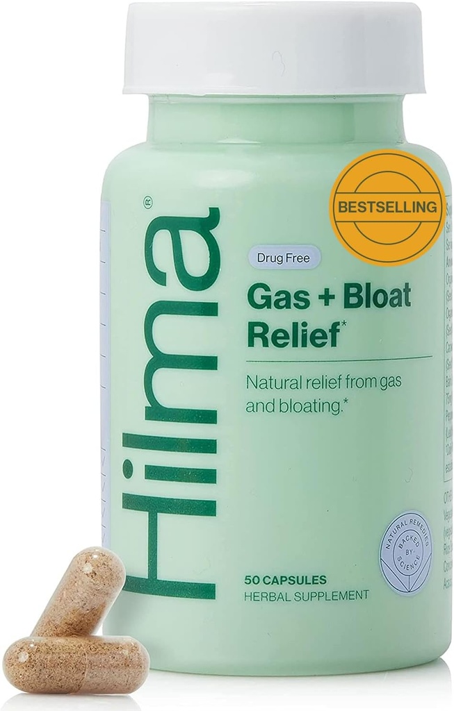 Hilma Natural Gas and Bloating Relief for Women, Doctor Formulé avec des ingrédients organiques, Baume de citron, Fenouil et Feuille de menthe poivrée, 50 Capsules Vegan