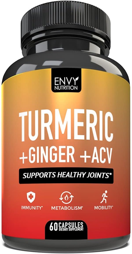 Envy Nutrition Turmeric & Ginger Supplement Capsules avec vinaigre de cidre de pomme - Amélioration de l'immunité et du métabolisme Support - 95% Curcuminoïdes, Bioperine (Pepper noir) pour Absorption Supérieure - 60 Caps