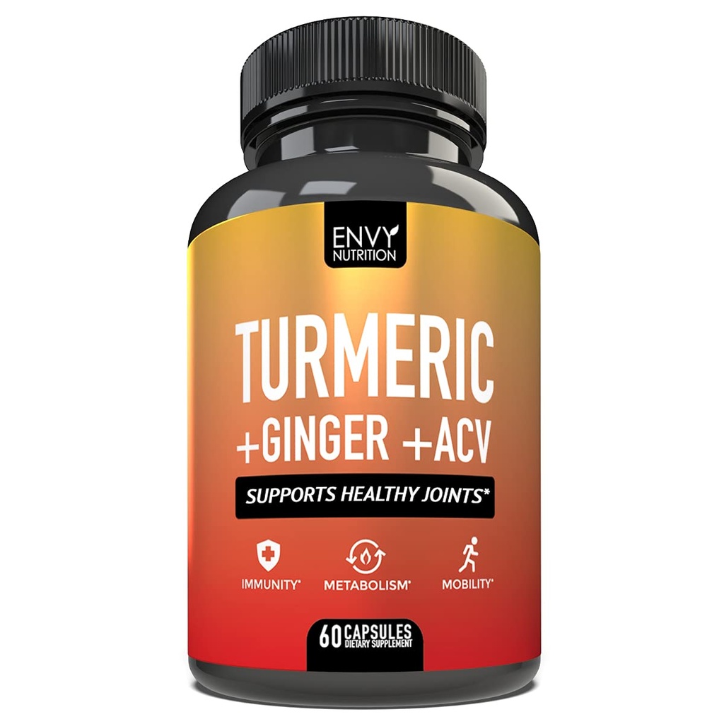 Envy Nutrition Turmeric & Ginger Supplement Capsules avec vinaigre de cidre de pomme - Amélioration de l'immunité et du métabolisme Support - 95% Curcuminoïdes, Bioperine (Pepper noir) pour Absorption Supérieure - 60 Caps