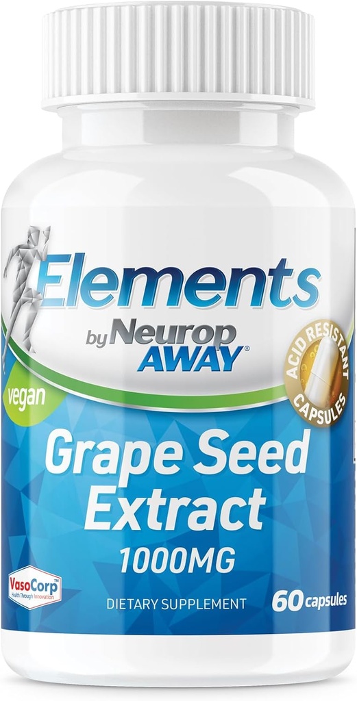 Éléments NeuropAWAY Extrait de graines de raisin 1000mg par portion (60500mg Capsules résistant à l'acide par bouteille) Testé par une tierce partie dans une installation de GMPc