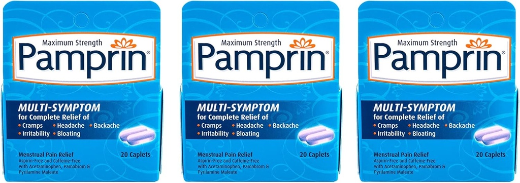 Formule multisymptômes de Pamprin, avec acétaminophène, soulagement des symptômes de la période menstruelle, 20 capsules (paquet de 3)
