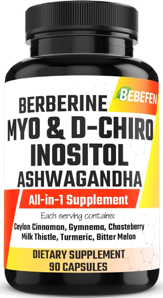Myo-Inositol et D-Chiro Inositol Capsules avec Ashwagandha, Berberine, Cinnamon, Gymnema, Chasteberry, Thistle de lait, Mélone amère - 90 Capsules