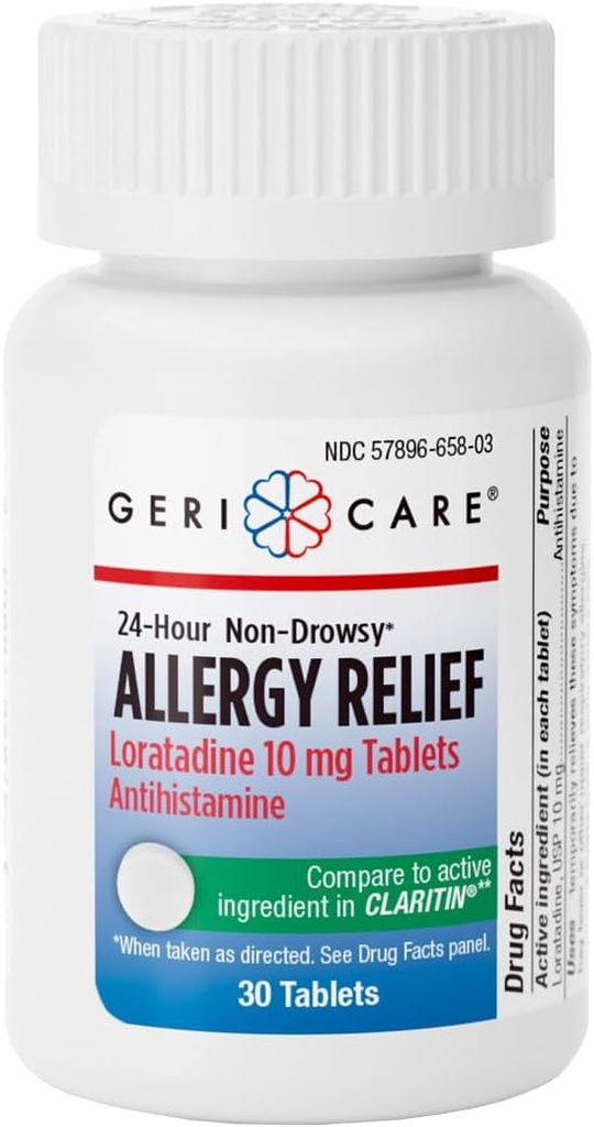 GeriCare Loratadine 10mg anti-allergie 24h/24, antihistaminique, comprimés de soutien anti-allergie/sinus pour runny nez, éternuement, démangeaison, 30 comte, 1 paquet.